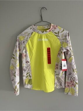 Volcom Light Green and Neon Yellow Floral Long Sleeve Rash Guard